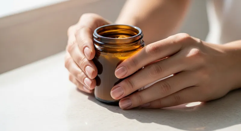 Close-up de mãos femininas com unhas naturais, fortes e saudáveis, sem quebras ou descamação.