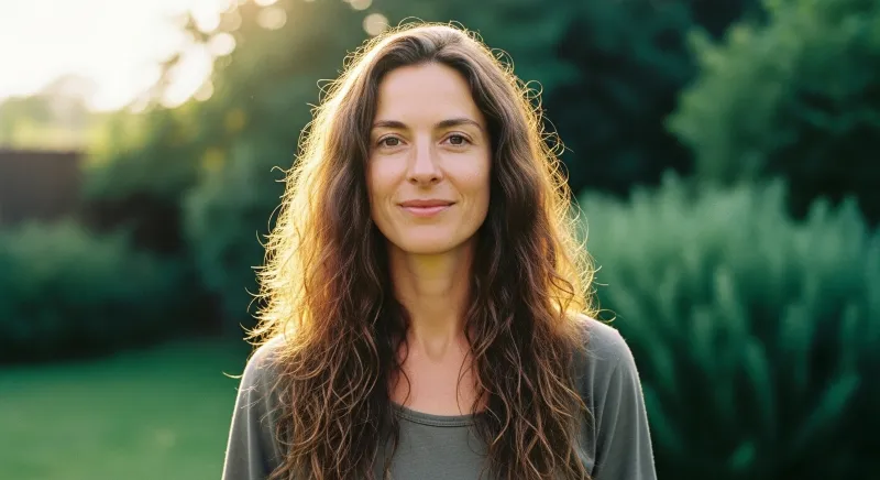 Mulher com cabelo longo, saudável e brilhante sorrindo ao sol em um ambiente natural, representando os benefícios da biotina.